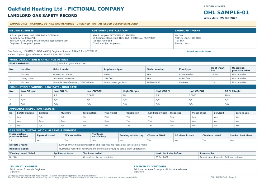 Fictional Oakfield landlord gas safety record, clearly marked SAMPLE