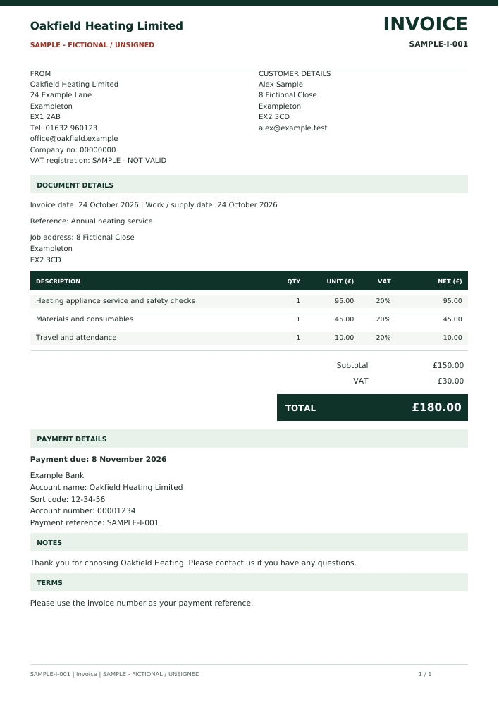 Fictional Oakfield Heating invoice with payment terms, marked SAMPLE