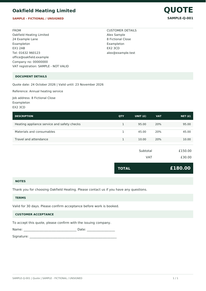 Fictional Oakfield Heating quotation with itemised work and company branding